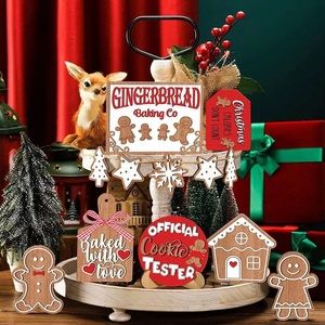 12 pcs Gingerbread Tiered Tray Set, Christmas Winter Tiered Tray, 3D Wood Signs
